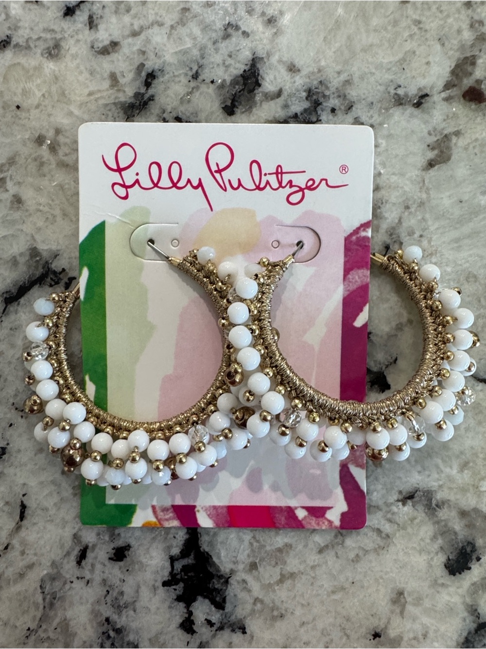 Lilly Pulitzer Gold Hoop Earrings with White Beads